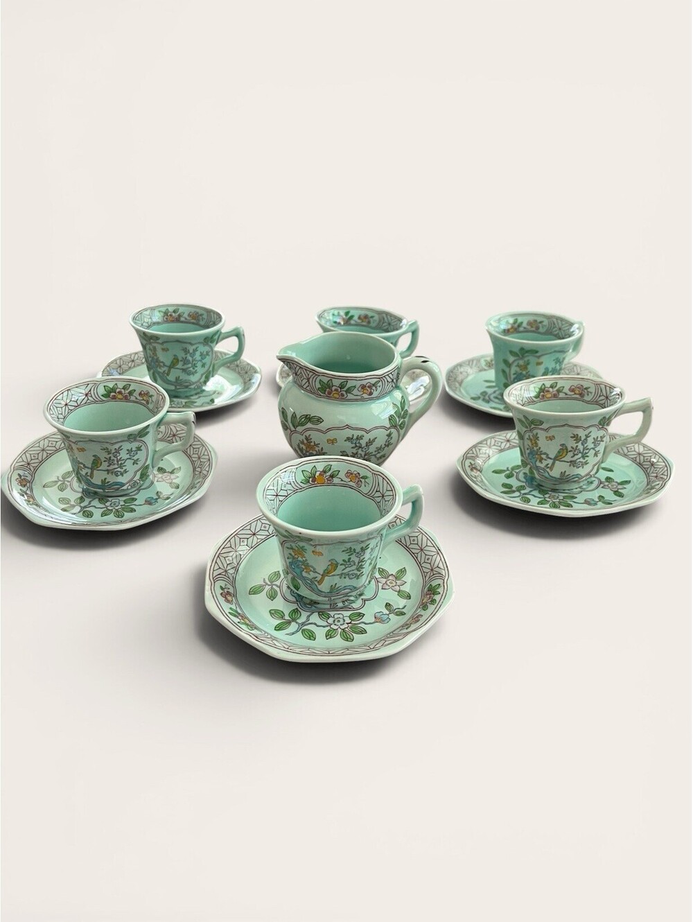 VNTG Adams Calyx Ware Tea Cup Saucer Creamer Set “Singapore Bird" Chinoiserie